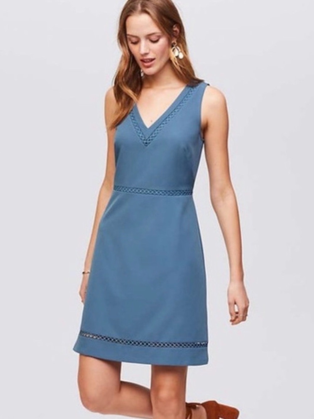 NWT!!  LOFT Lacy V-Neck Flare Dress in a soft, dusty blue color - Size 14
